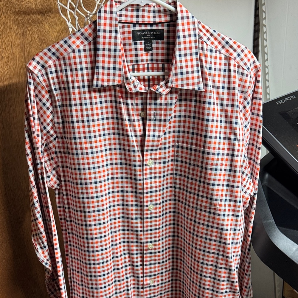 Banana Republic Men's Orange and Blue Plaid Shirt
